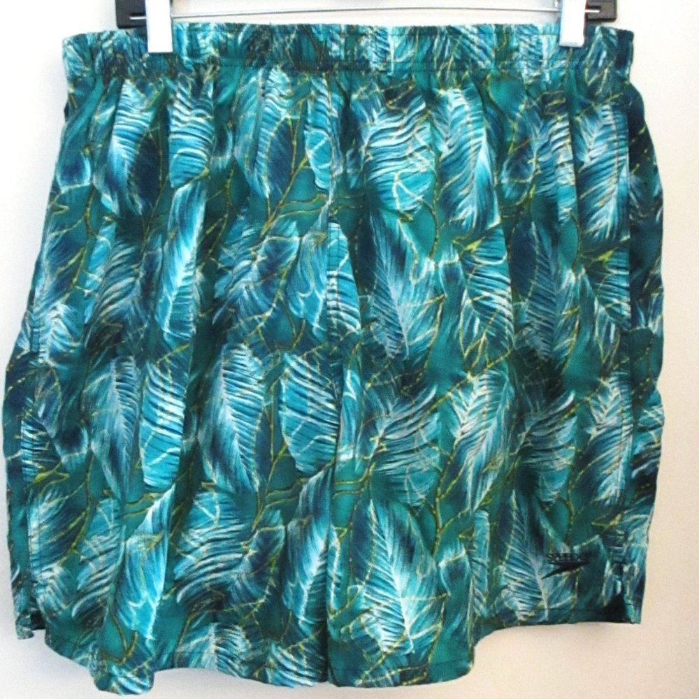 Speedo Men's Swim Trunks, Blue & Green Leaf Print, Pockets, Size XL